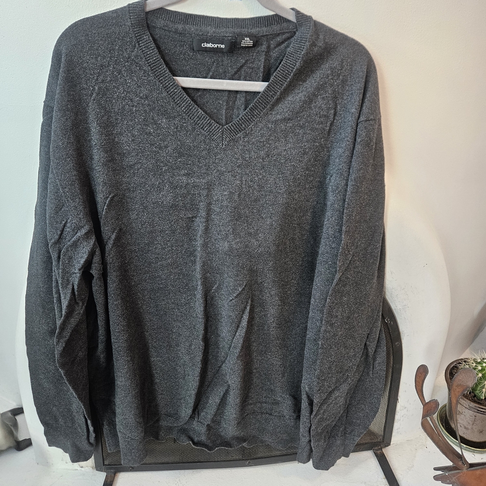 Two Mens Claiborne Gray V-Neck Sweater XXL Cotton/Cashmere Sweaters Bundle